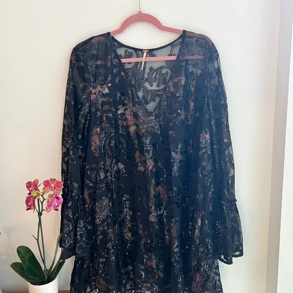 Free People Boho Black Sheer Sequin Tunic Dress - Picture 11 of 13